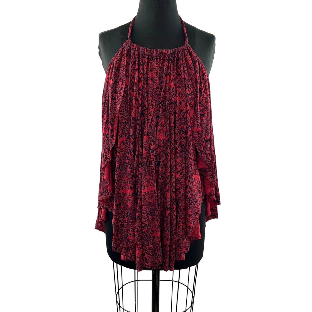 FREE PEOPLE Burgundy Blouse Viscose Asymmetric Printed Back Double Dutch S Small